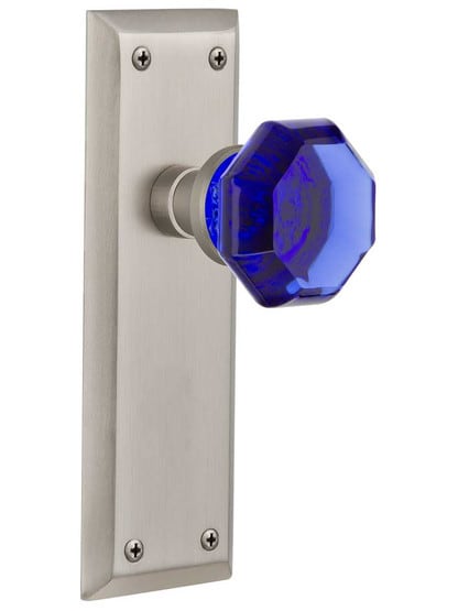 New York Door Set with Colored Waldorf Crystal Glass Knobs Cobalt Blue in Satin Nickel.